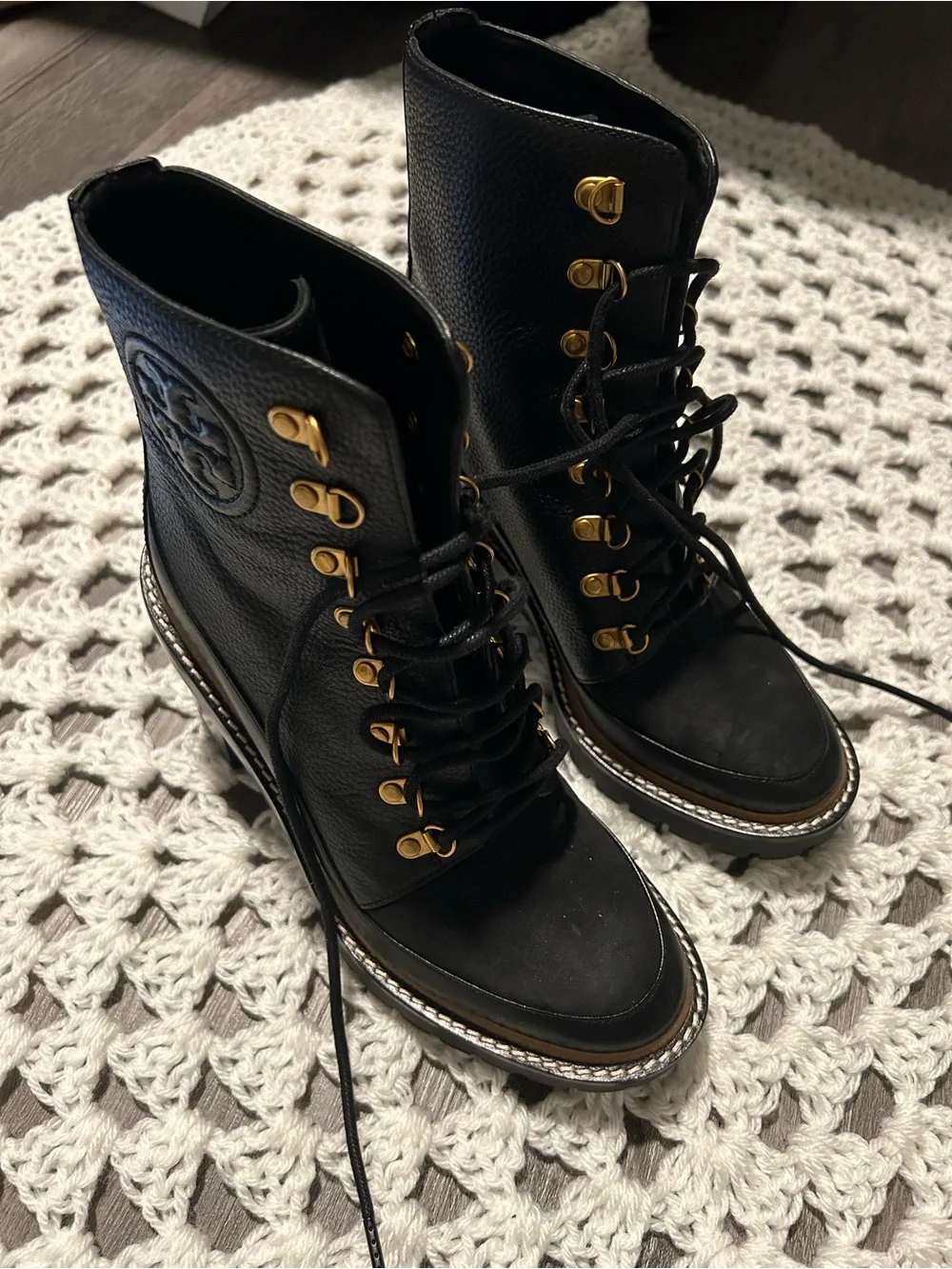 Tory Burch Black Leather Lace-Up Lug Ankle Boots with Gold Hardware